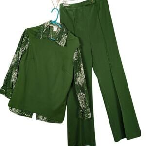 Vintage Pants 3 pc Set Womens 12 Green Shirt Shell Retro Leisure 70s Forestcore